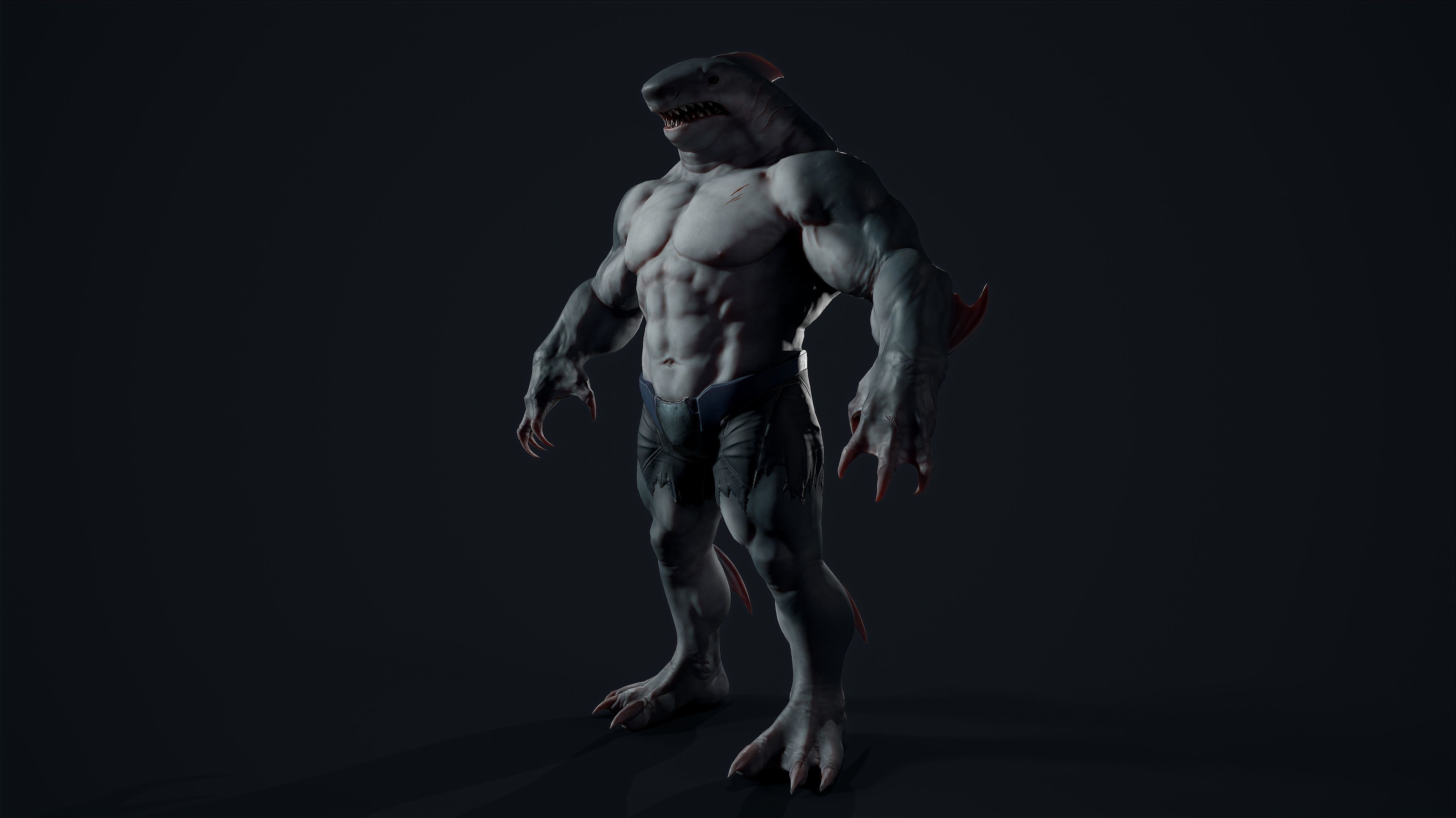 Sharkman creature with long arms and legs Low-poly 3D model_10