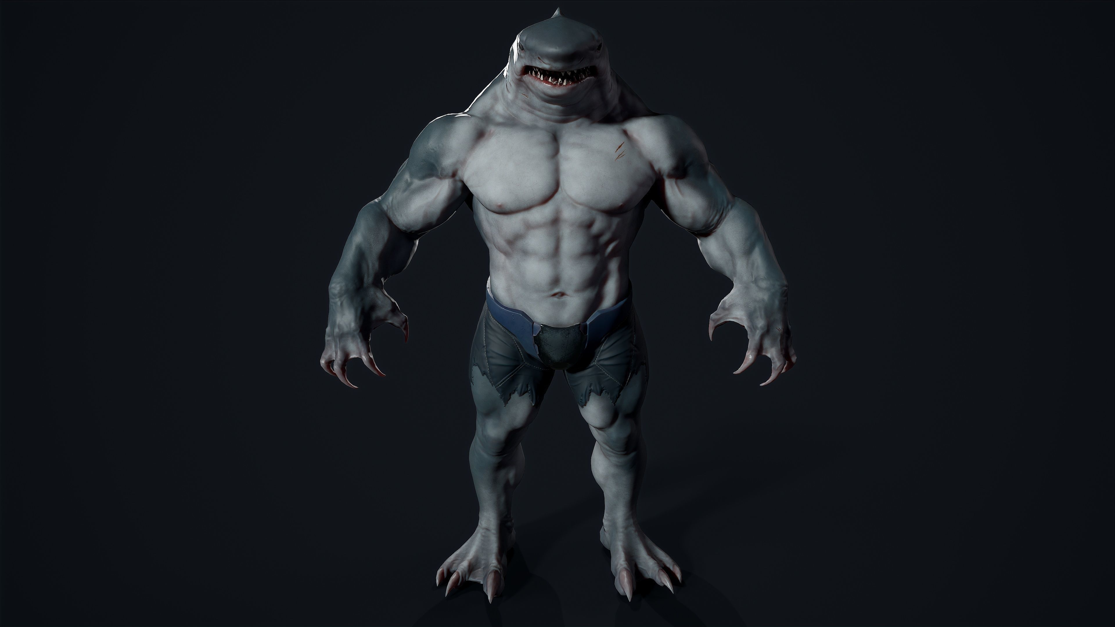 Sharkman creature with long arms and legs Low-poly 3D model_14