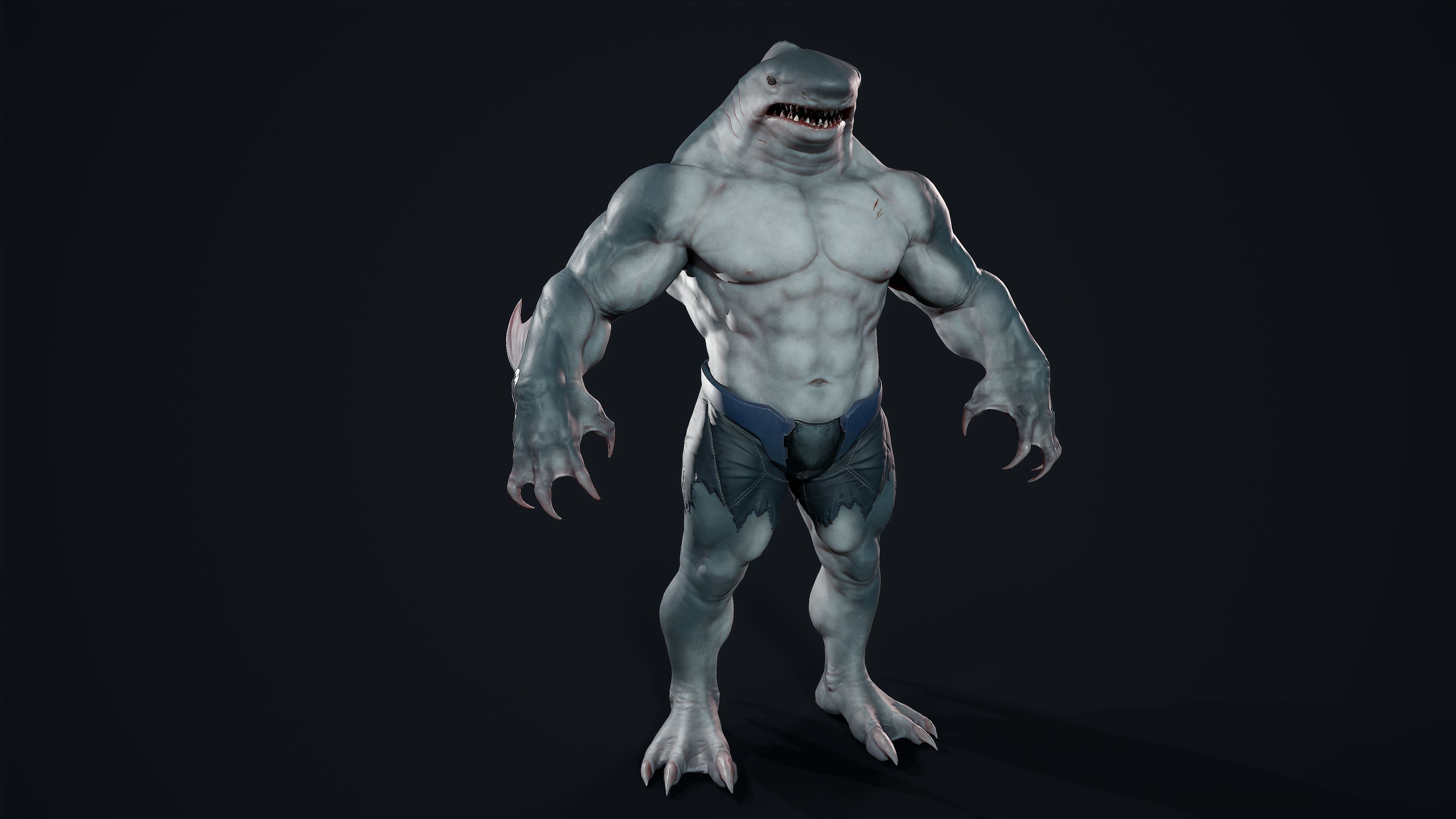 Sharkman creature with long arms and legs Low-poly 3D model_2