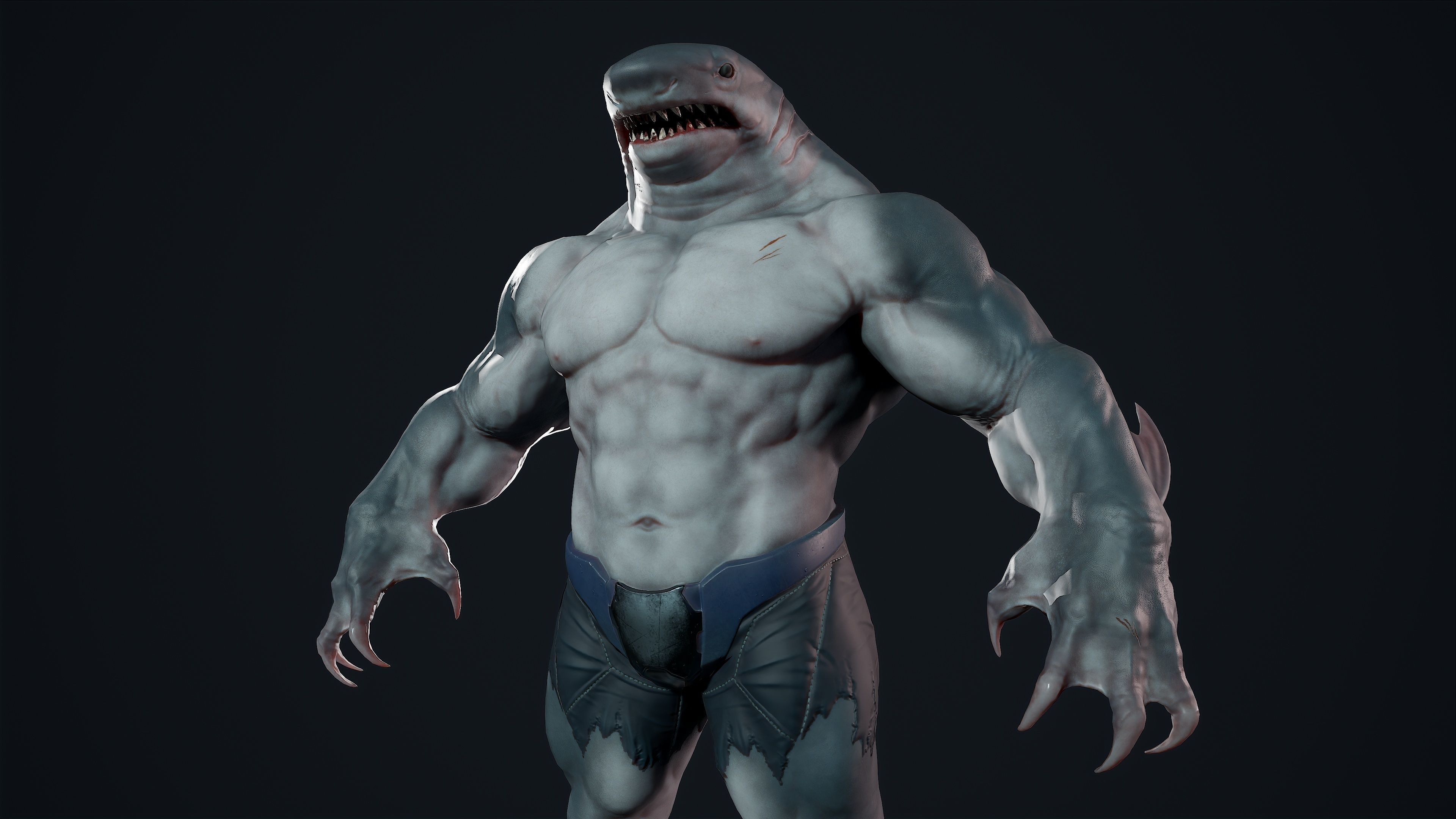Sharkman creature with long arms and legs Low-poly 3D model_1