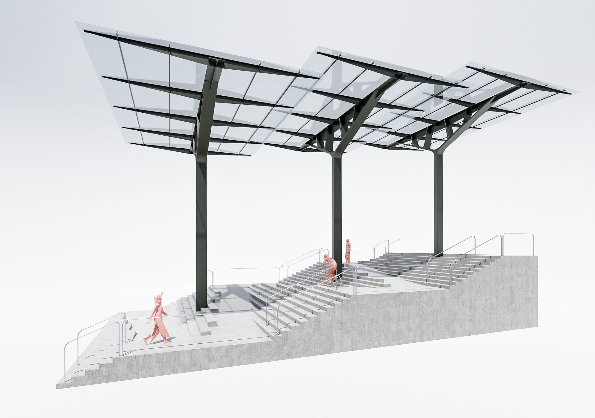 Outdoor stairs with a ramp Low-poly 3D model_4