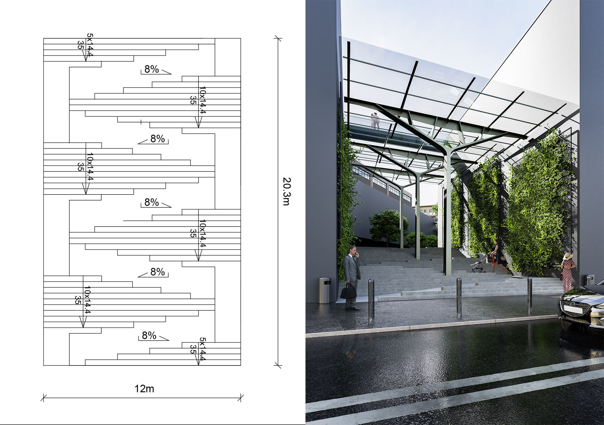 Outdoor stairs with a ramp Low-poly 3D model_3