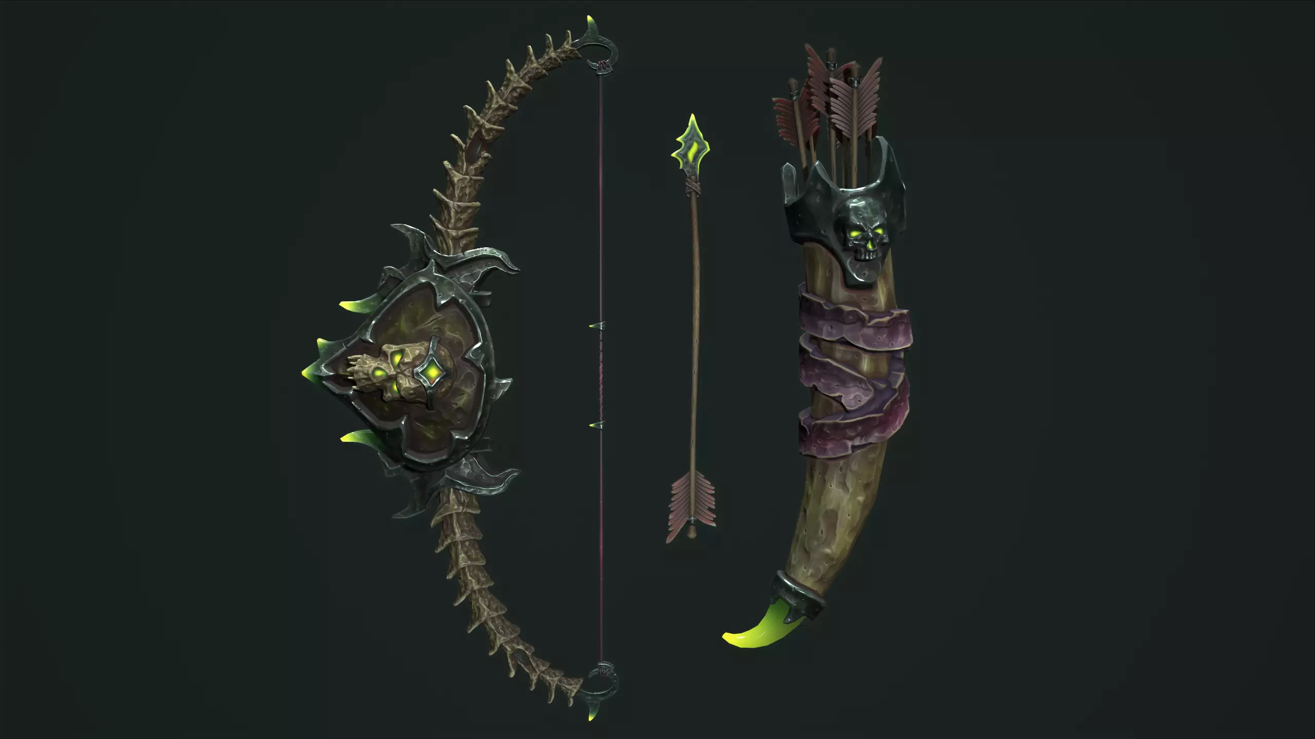 Undead bow and quiver Low-poly 3D model_0