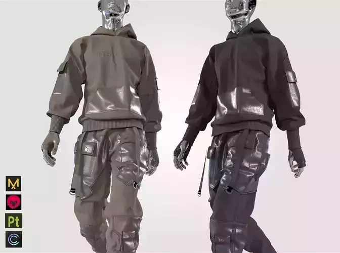 Man techwear outfit pants hoodie cyberpunk 3D model