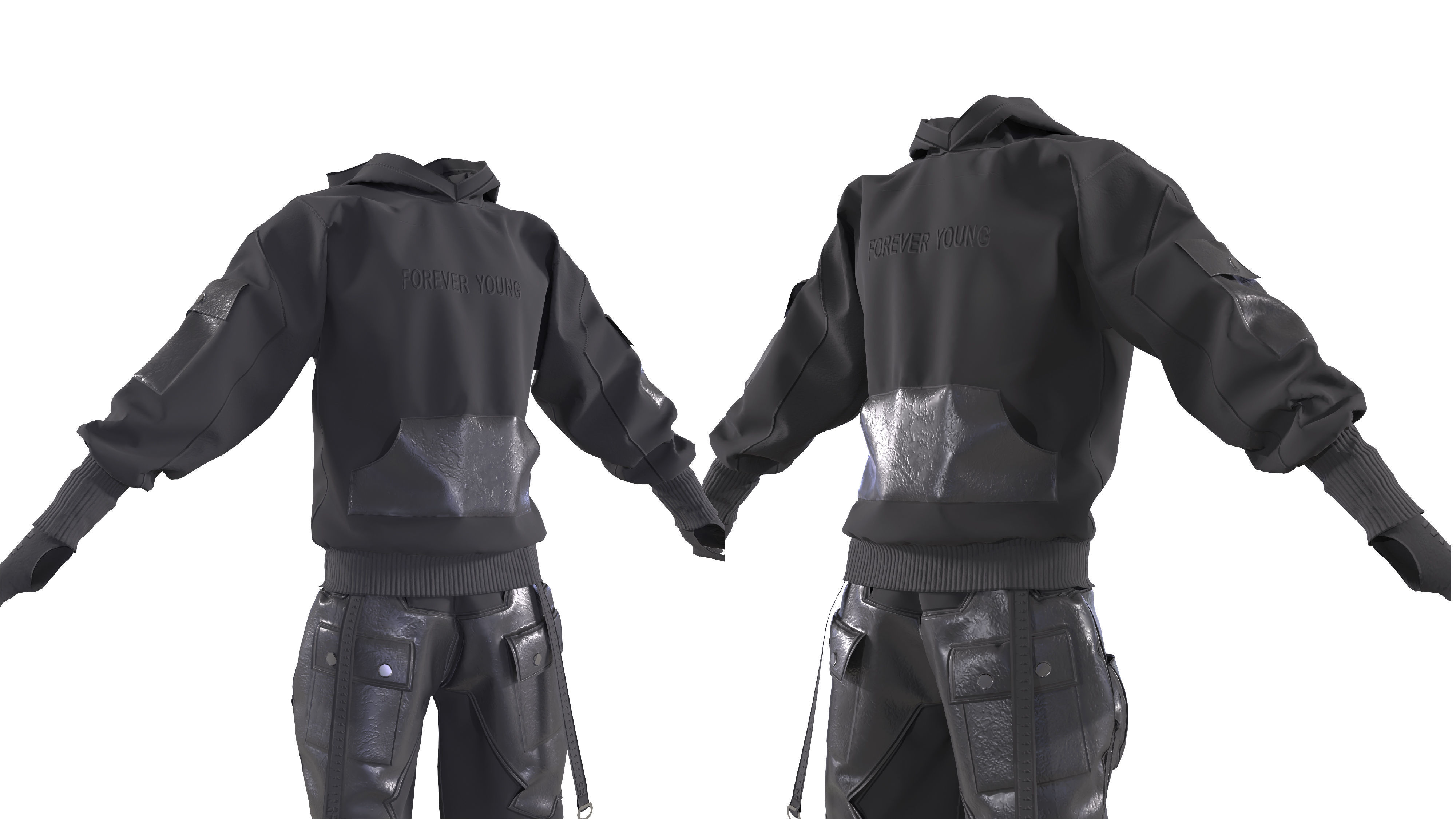 Man techwear outfit pants hoodie cyberpunk 3D model_5