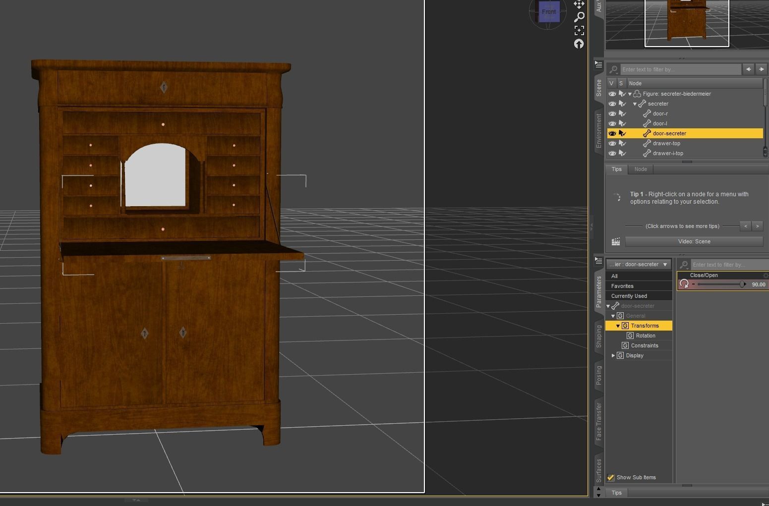 19th century secreter biedermeier style for Daz Low-poly 3D model_11