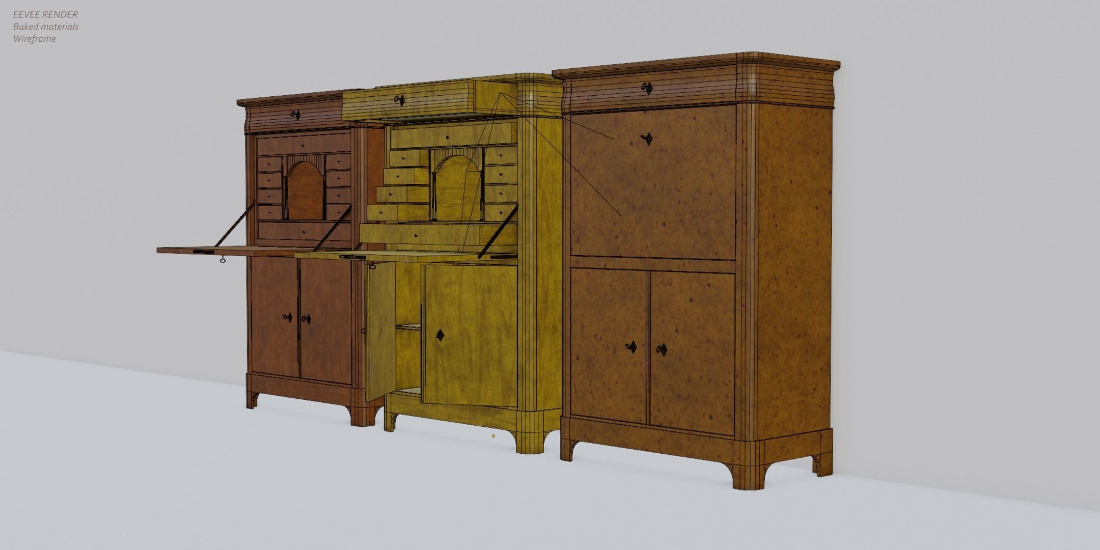 19th century secreter biedermeier style for Daz Low-poly 3D model_9