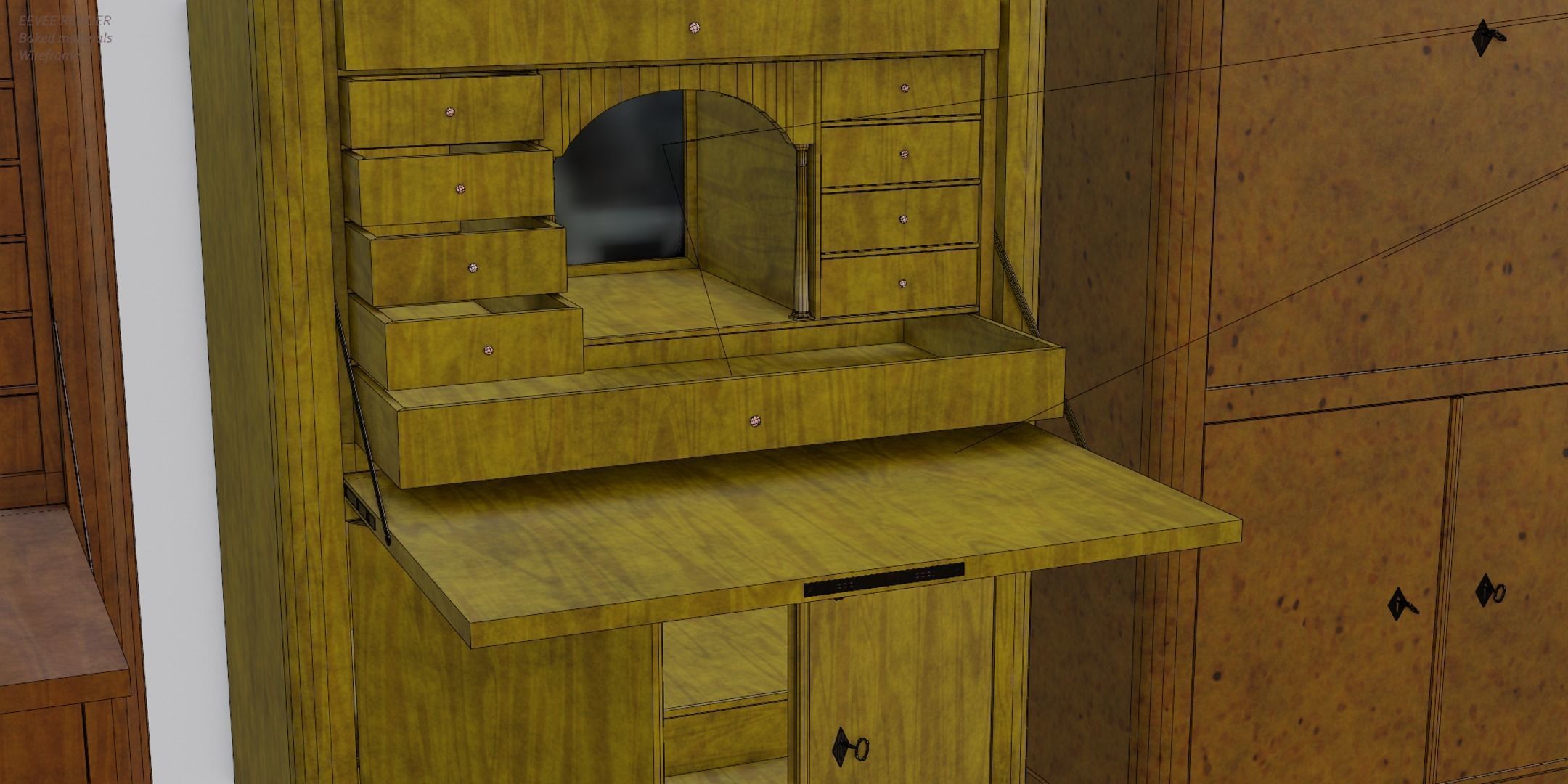 19th century secreter biedermeier style for Daz Low-poly 3D model_10