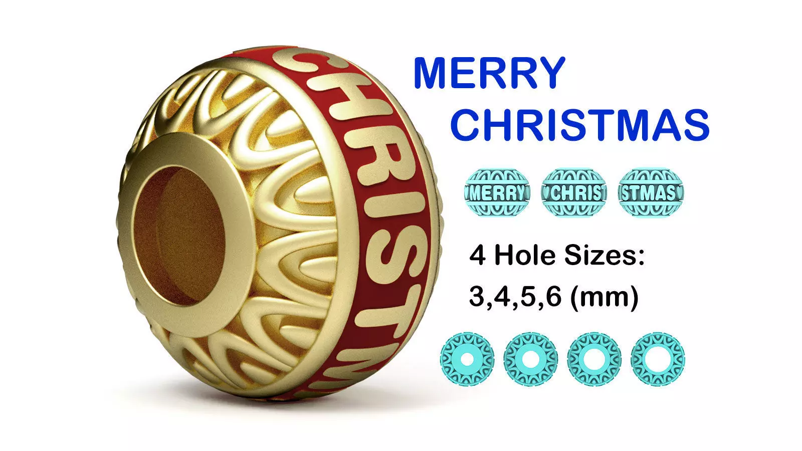 Bead For Charm Bracelet - MERRY CHRISTMAS - 4 hole sizes 3D print model_0