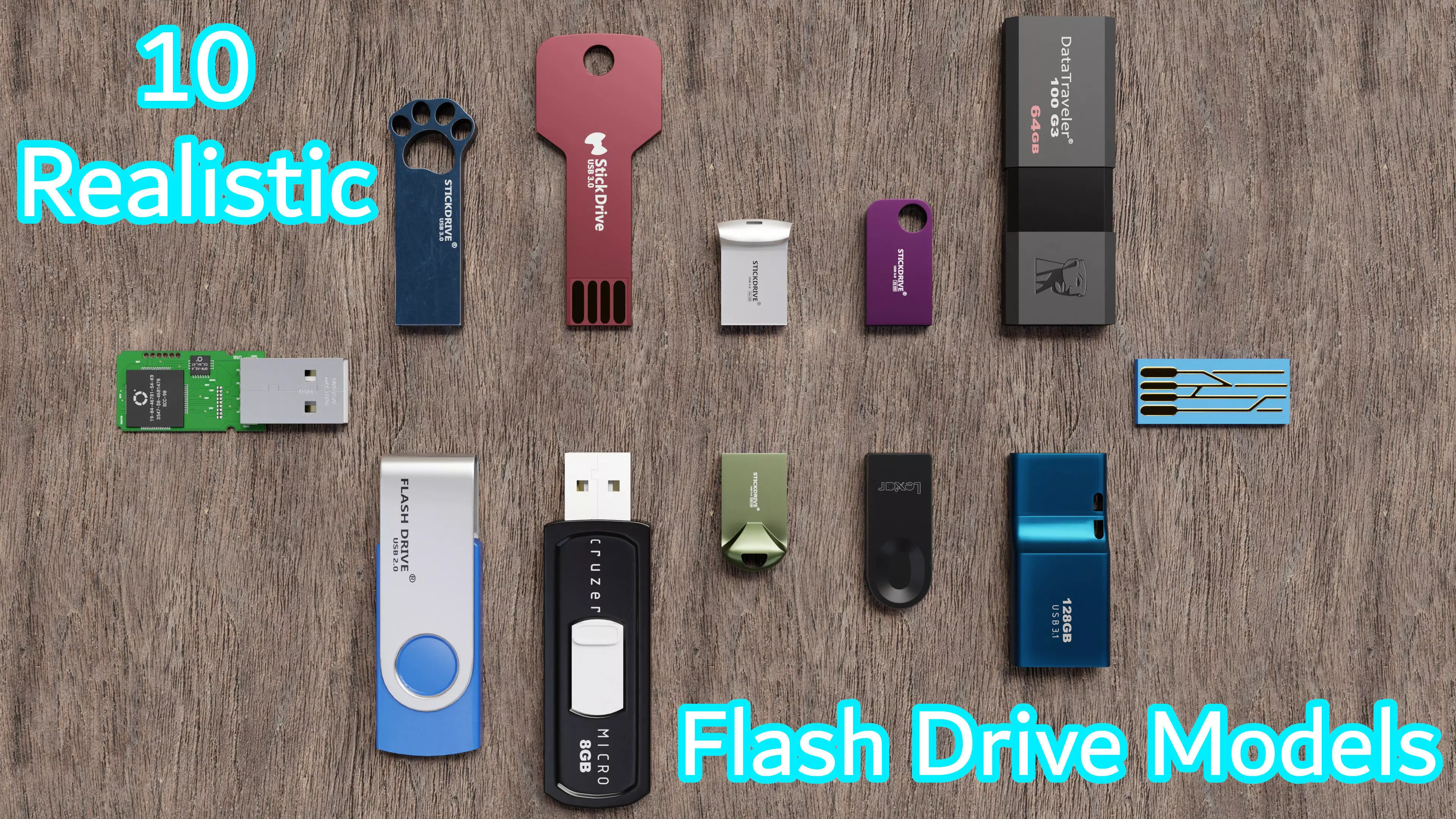 10 realistic Flash Drive models plus 2 Motherboard PCBs 3D model