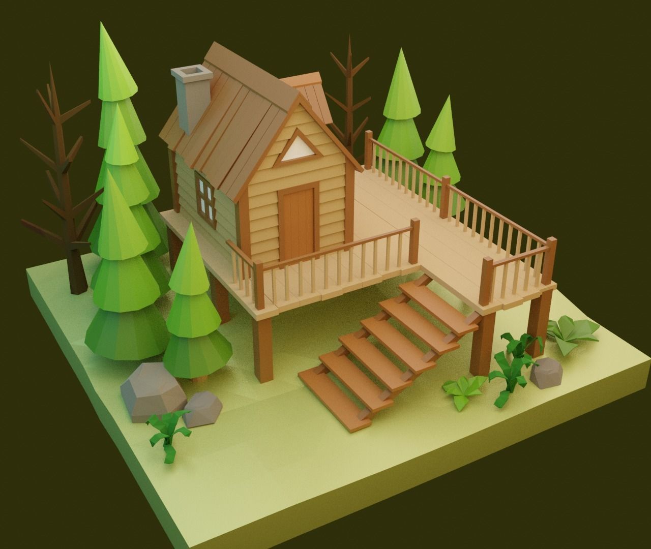 Low-poly House cabin in woods Low-poly 3D model_7