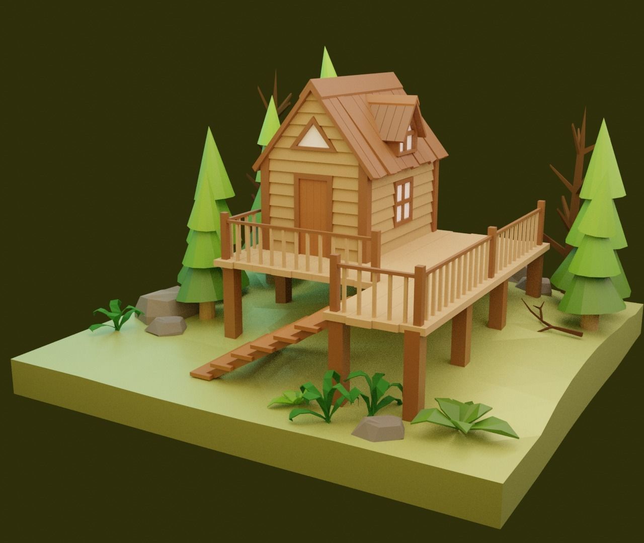 Low-poly House cabin in woods Low-poly 3D model_6