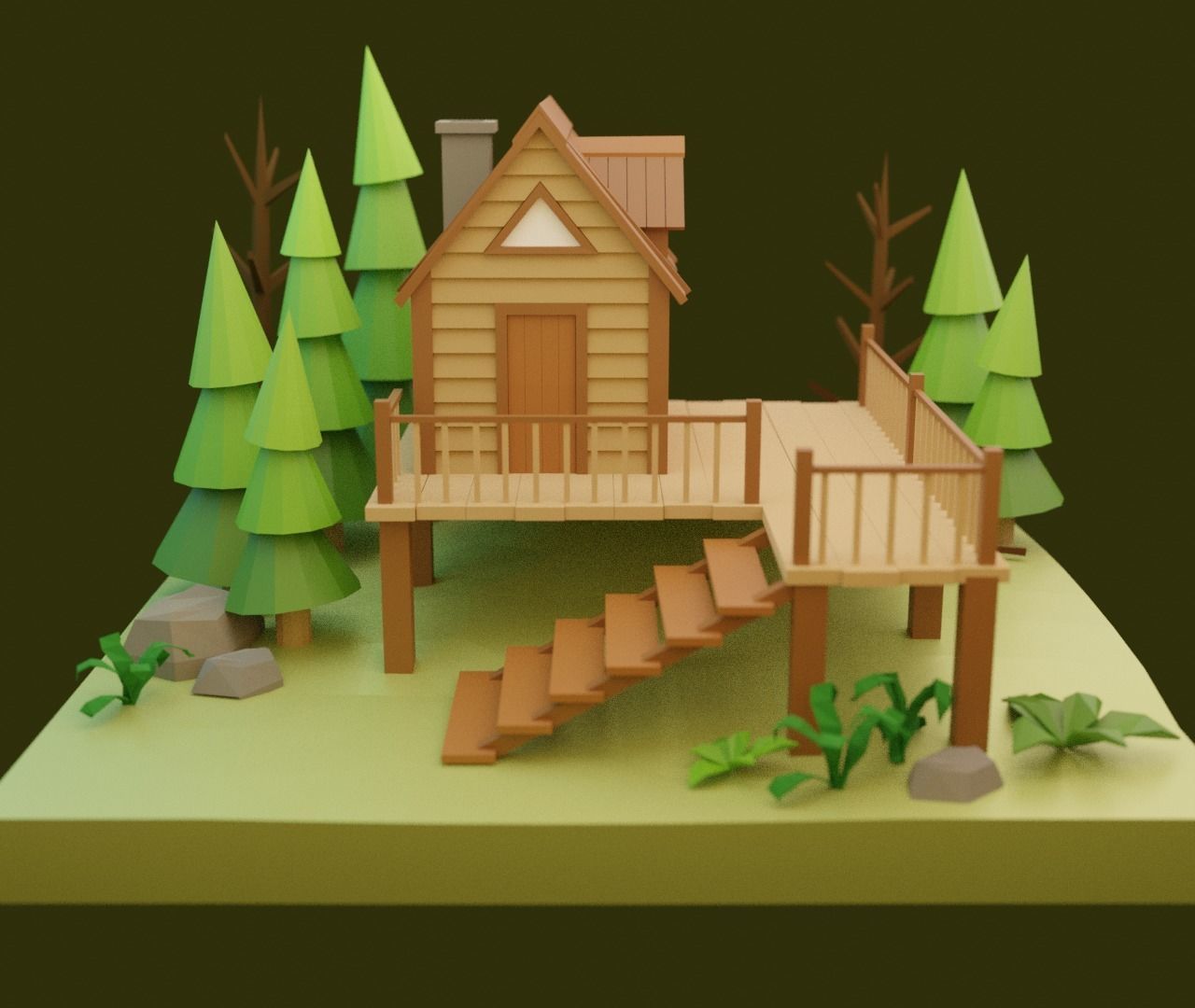 Low-poly House cabin in woods Low-poly 3D model_1