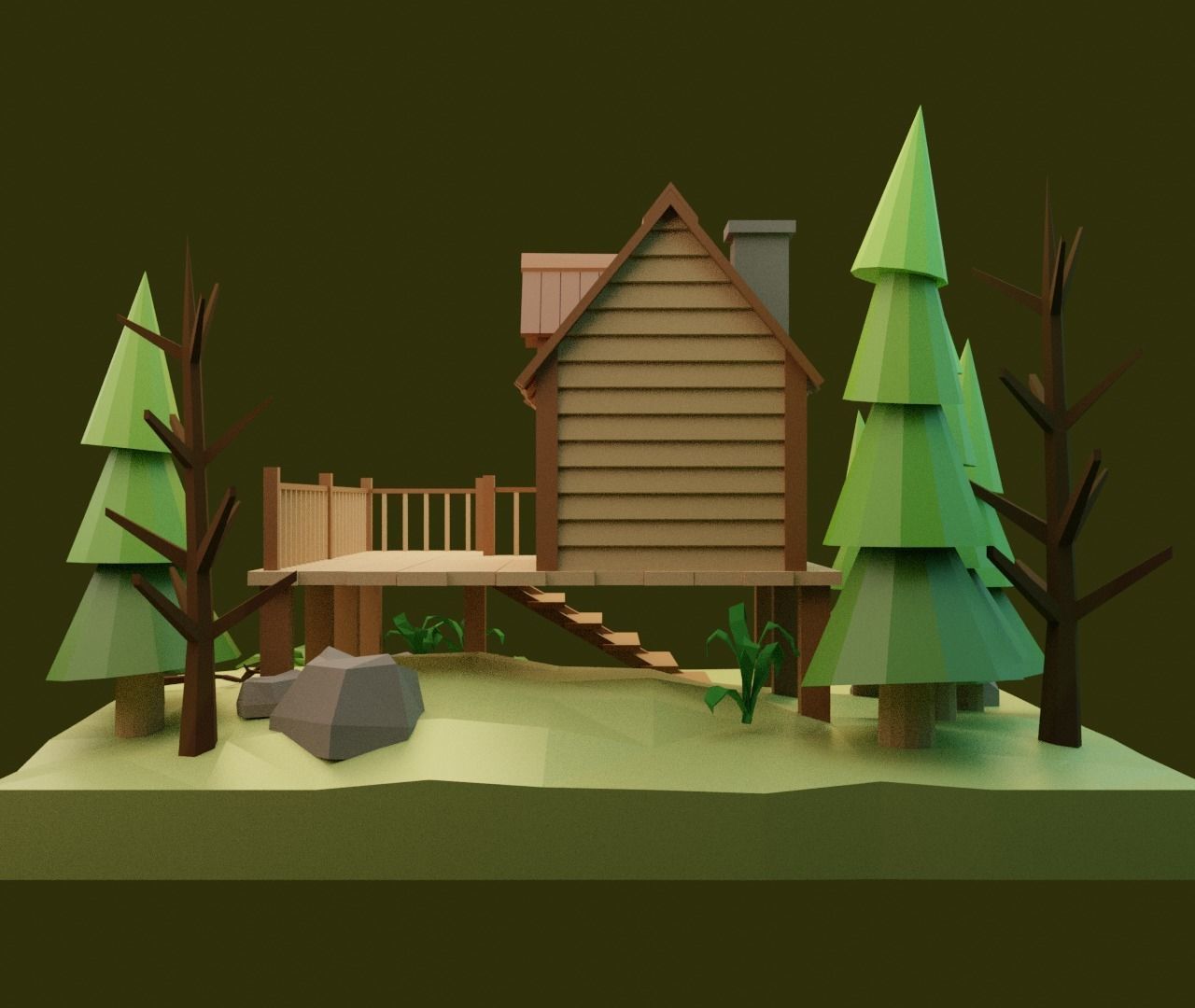 Low-poly House cabin in woods Low-poly 3D model_9