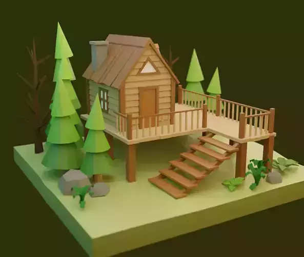 Low-poly House cabin in woods Low-poly 3D model