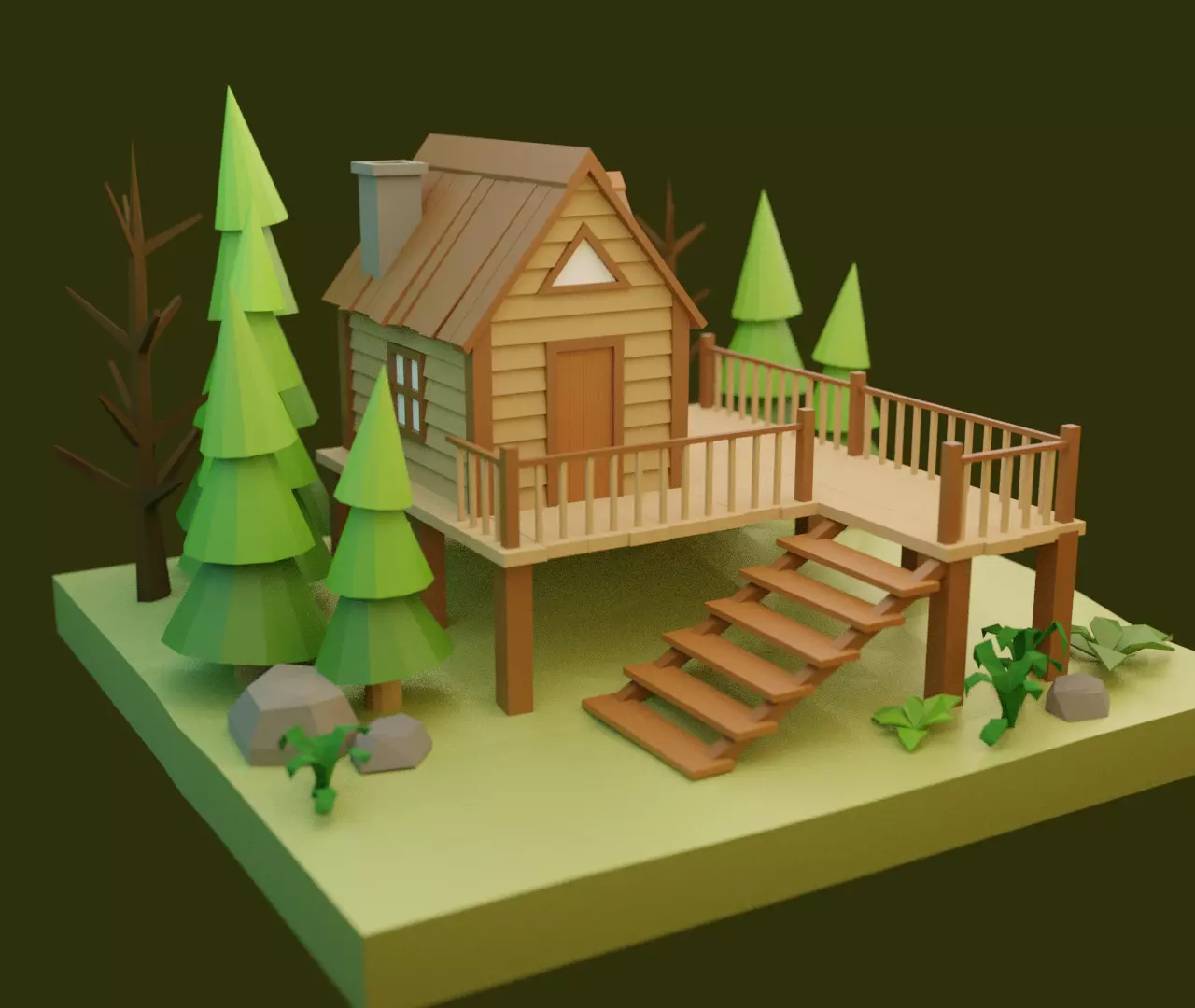 Low-poly House cabin in woods Low-poly 3D model_0