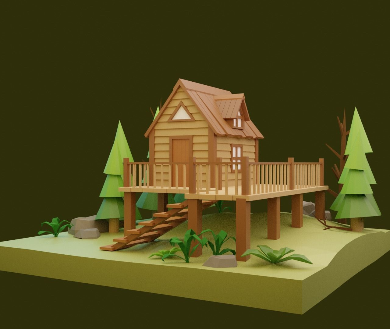 Low-poly House cabin in woods Low-poly 3D model_4