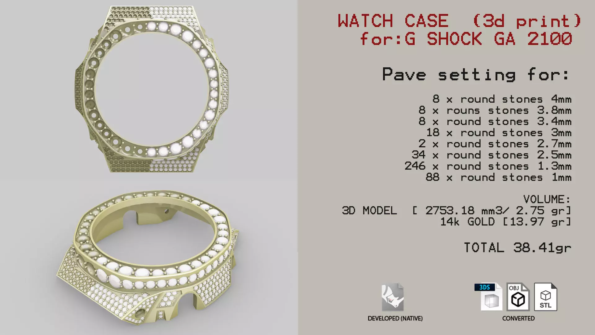 Full pave diamond Case for GA2100 3D print model 3D print model_0