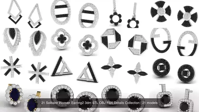 21 Solitaire Women Earrings 3dm STL OBJ FBX Details Collection 