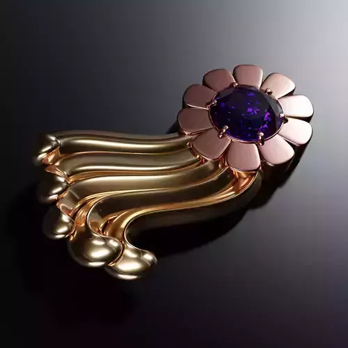 Gold flower brooch with amethyst