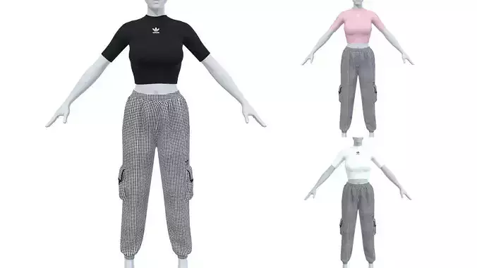  Adidas Originals Crop T-Shirt Top and Gingham Track Pants