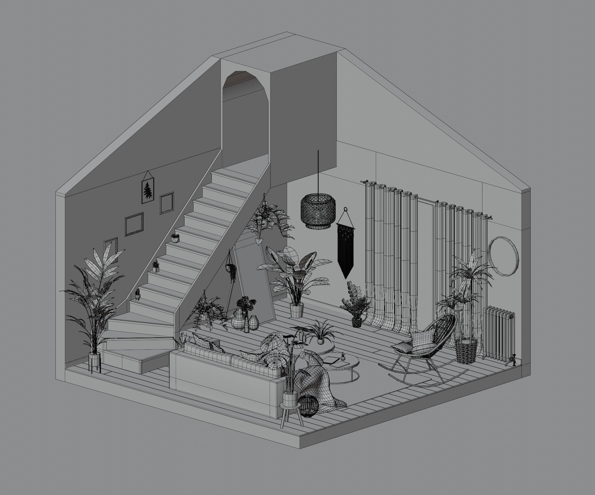 Bohemian living room Low-poly 3D model_2