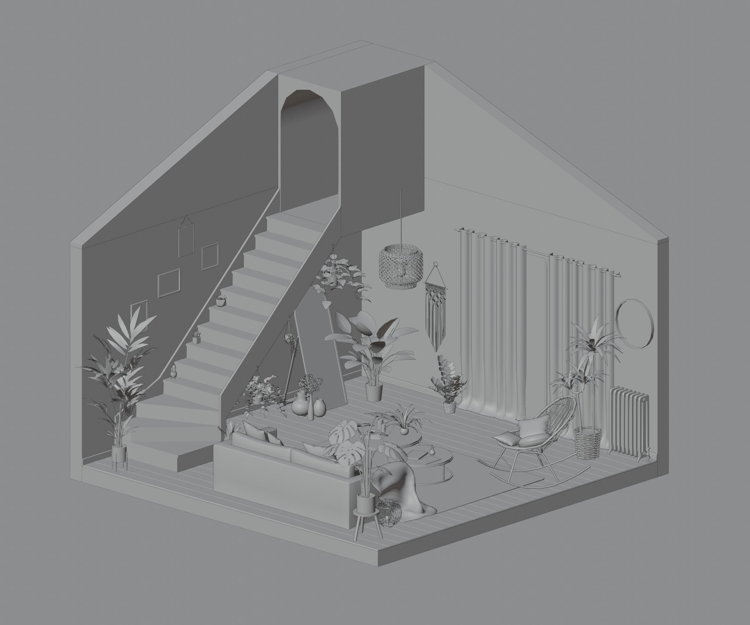 Bohemian living room Low-poly 3D model_1