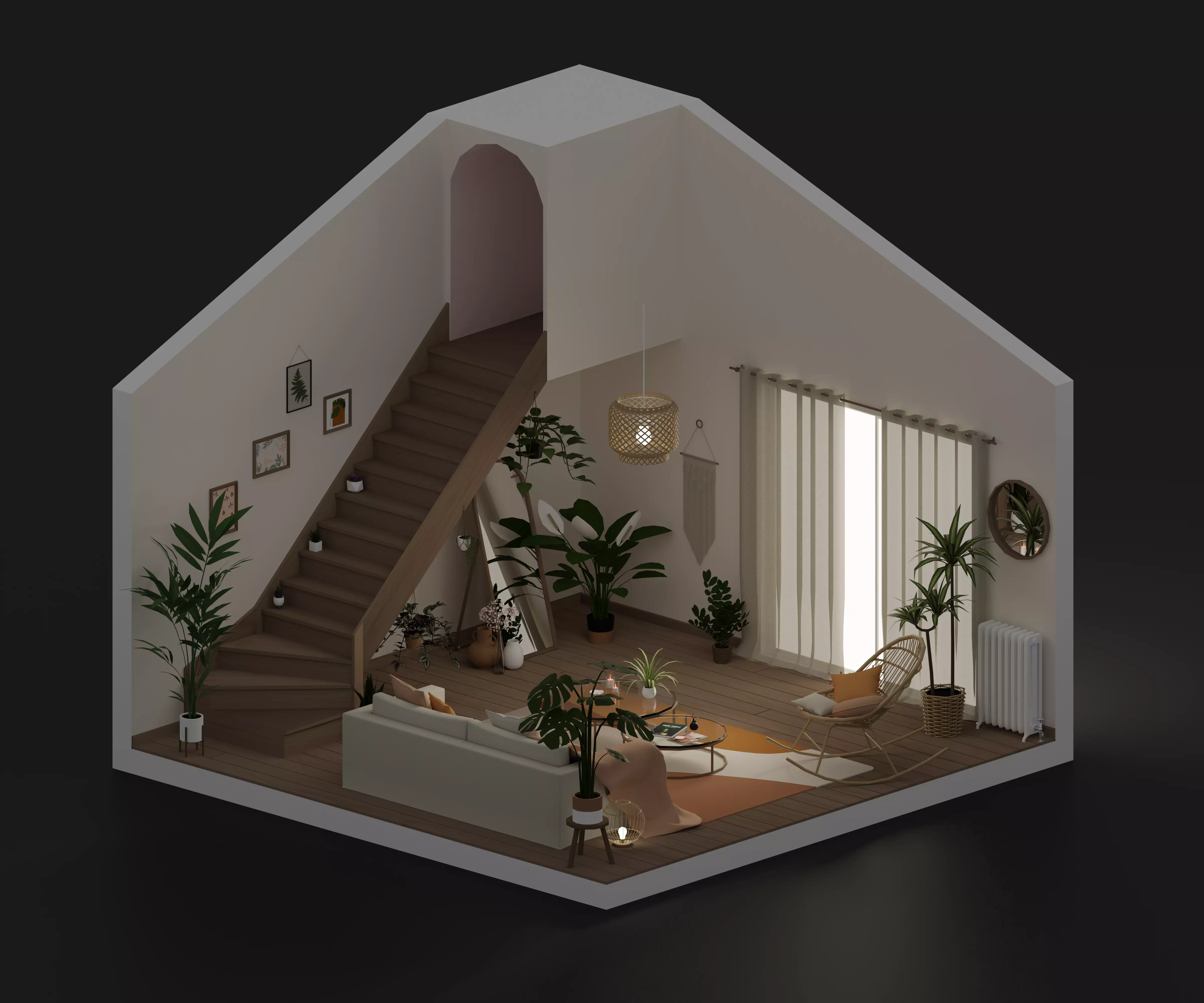 Bohemian living room Low-poly 3D model_0