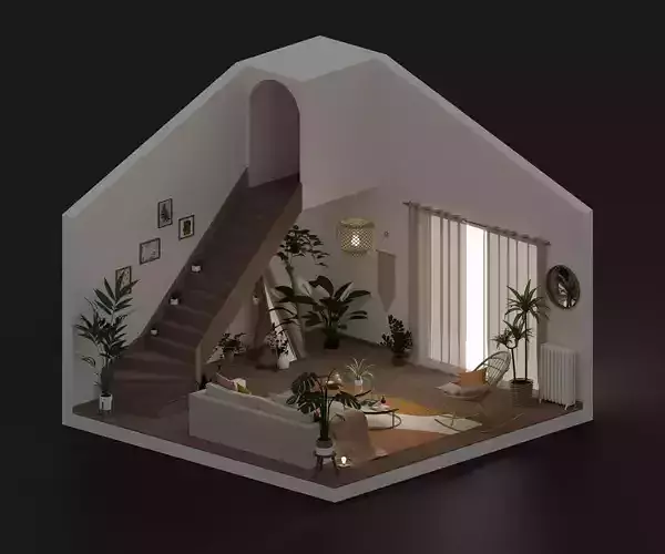 Bohemian living room Low-poly 3D model