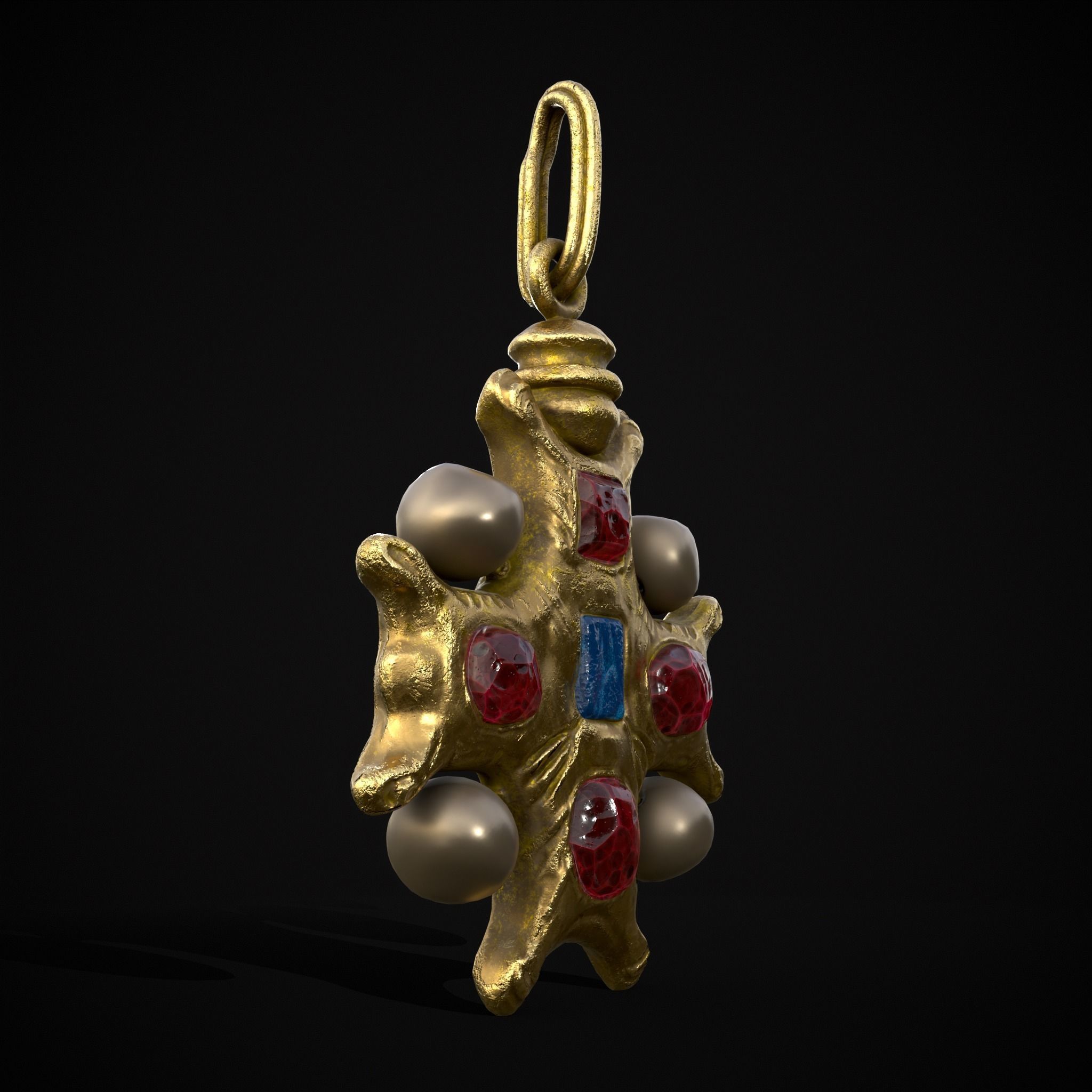 Gold Ruby Sapphire Pearl Cross Pendant Low-poly 3D model_7