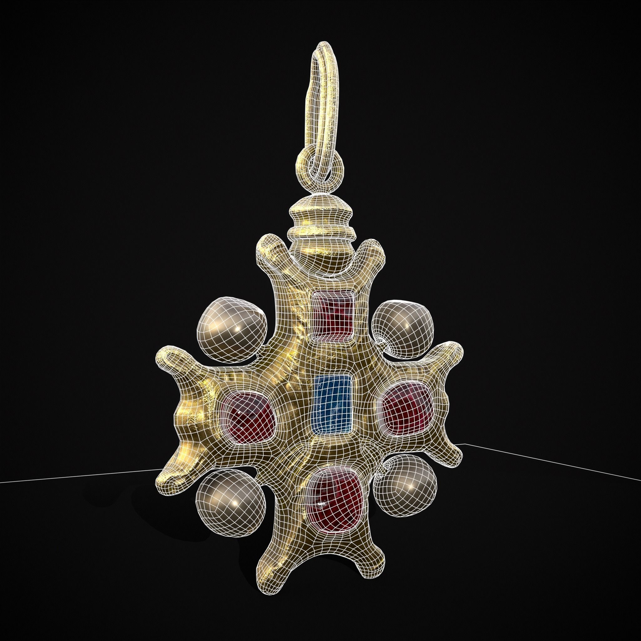 Gold Ruby Sapphire Pearl Cross Pendant Low-poly 3D model_2