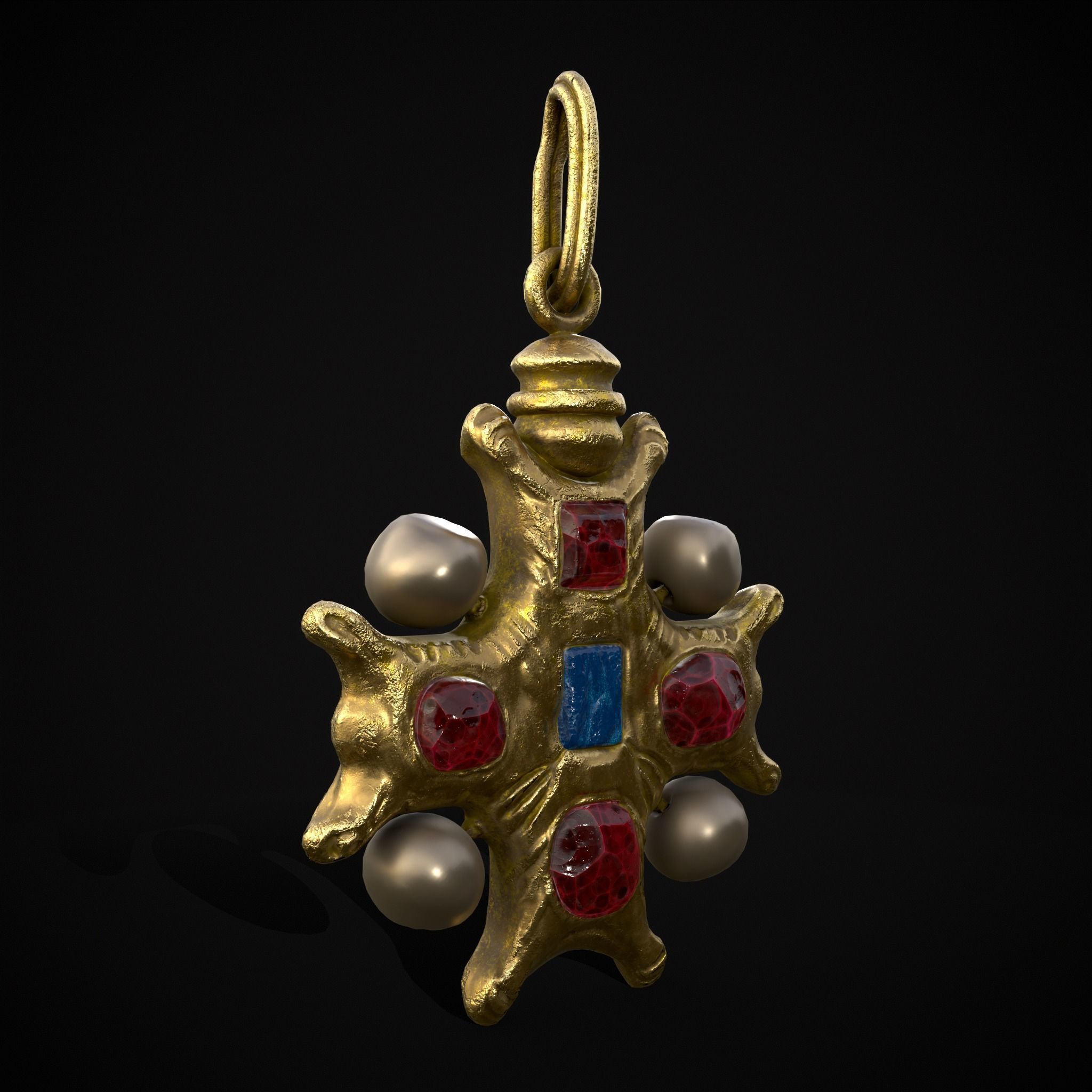 Gold Ruby Sapphire Pearl Cross Pendant Low-poly 3D model_29