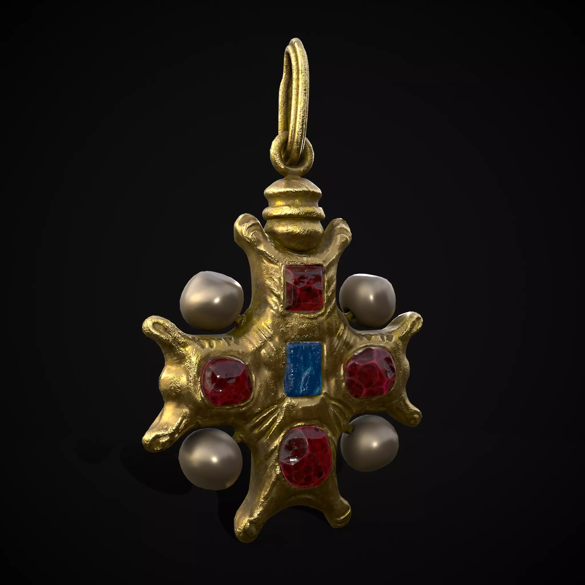 Gold Ruby Sapphire Pearl Cross Pendant Low-poly 3D model_0