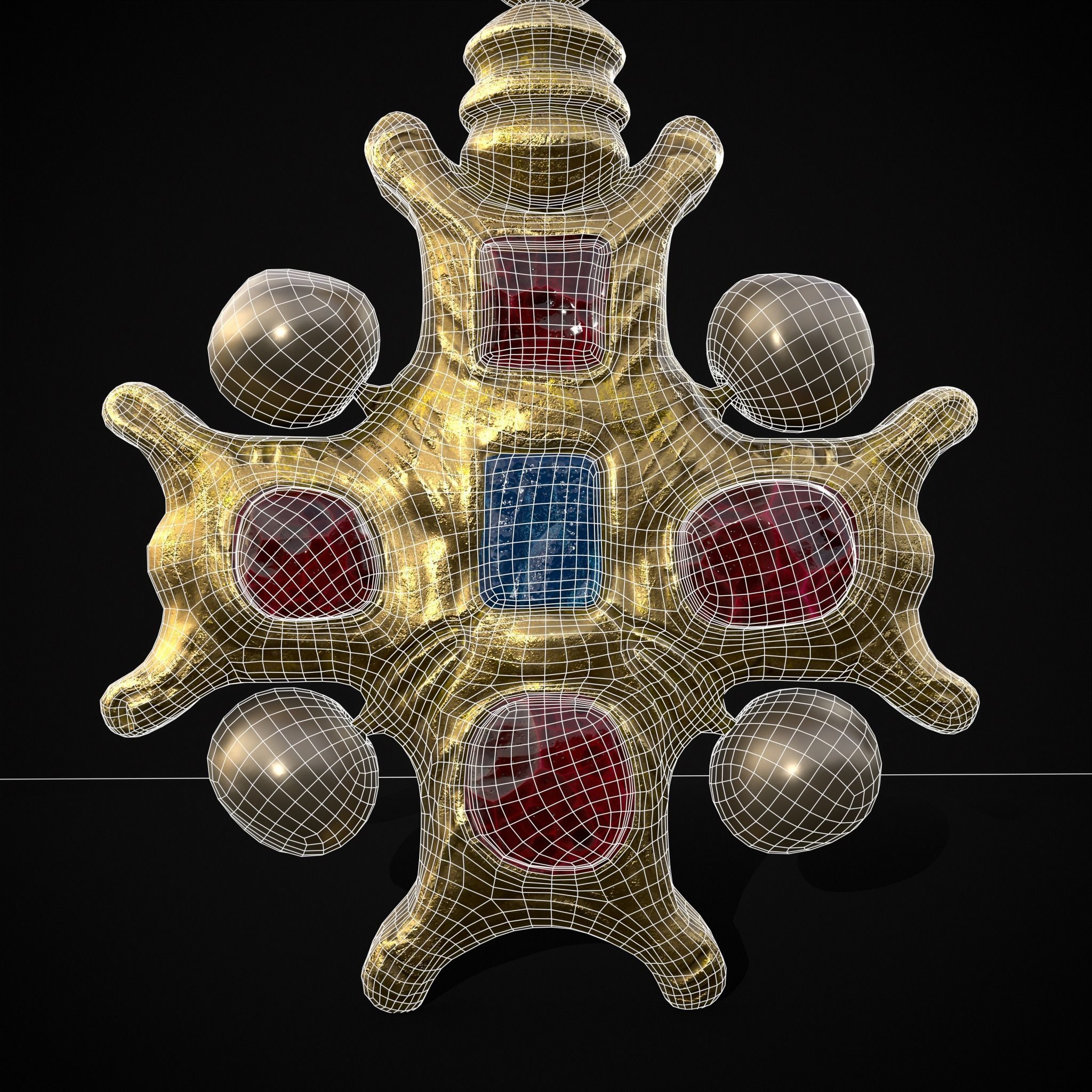 Gold Ruby Sapphire Pearl Cross Pendant Low-poly 3D model_6
