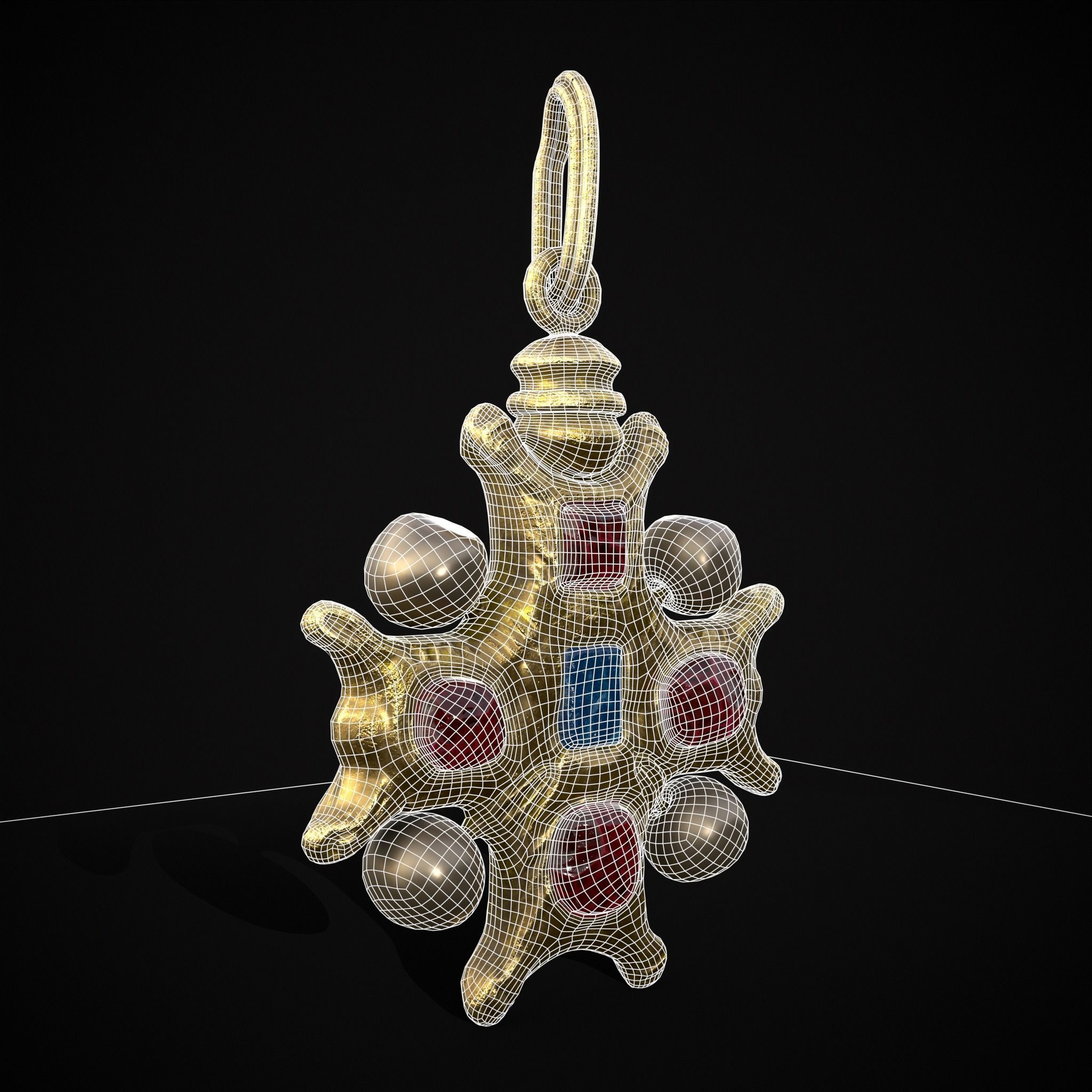 Gold Ruby Sapphire Pearl Cross Pendant Low-poly 3D model_30