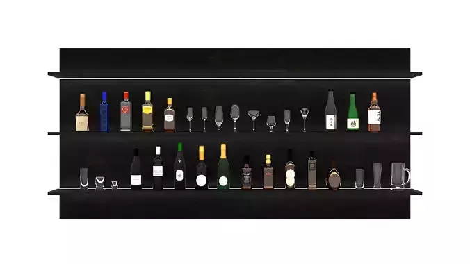 bottle set shelf with wine bottles and glasses Low-poly 3D model