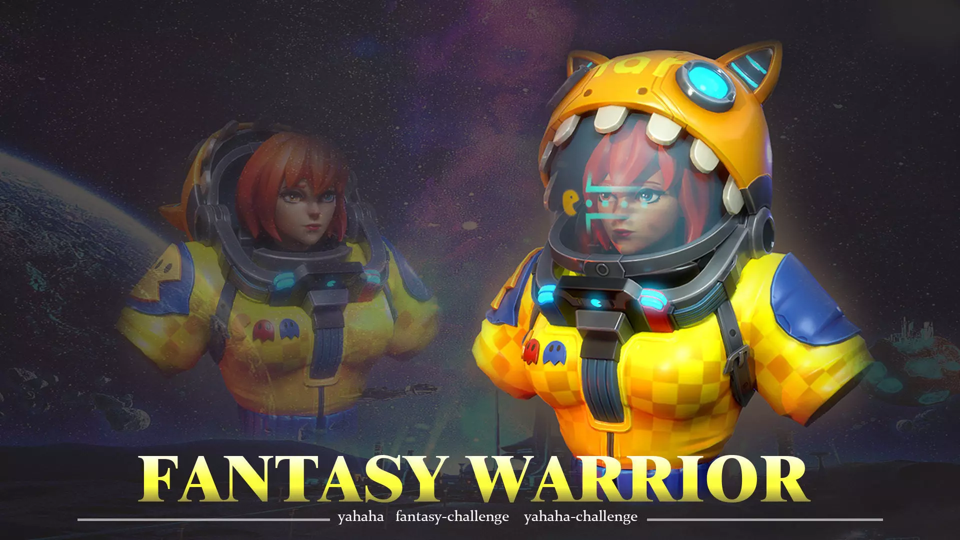 Cyber fantasy female warrior bust Low-poly 3D model_0