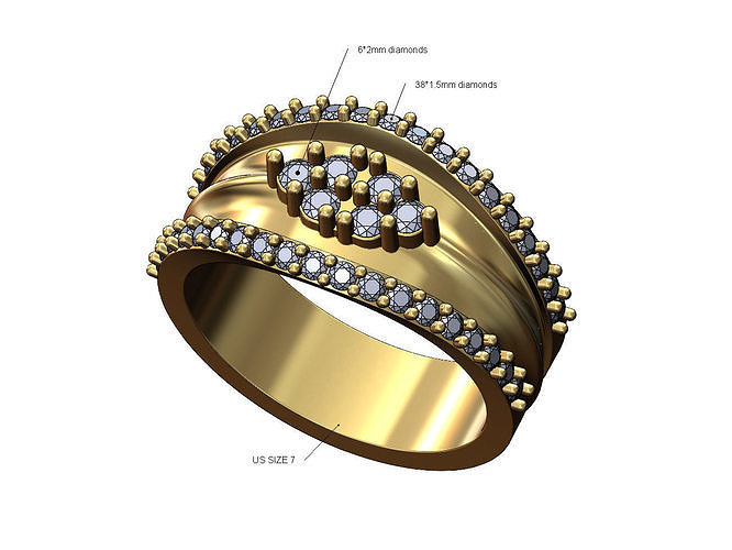 Diamond triangluar cluster and sides lips ring US size 7 3D print model