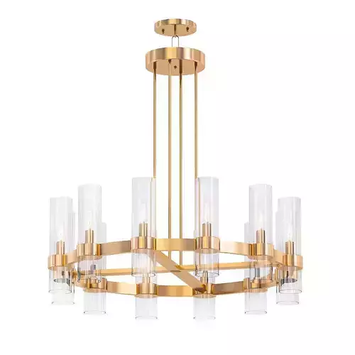 Taper light chandelier in brass with clear glass cylinders