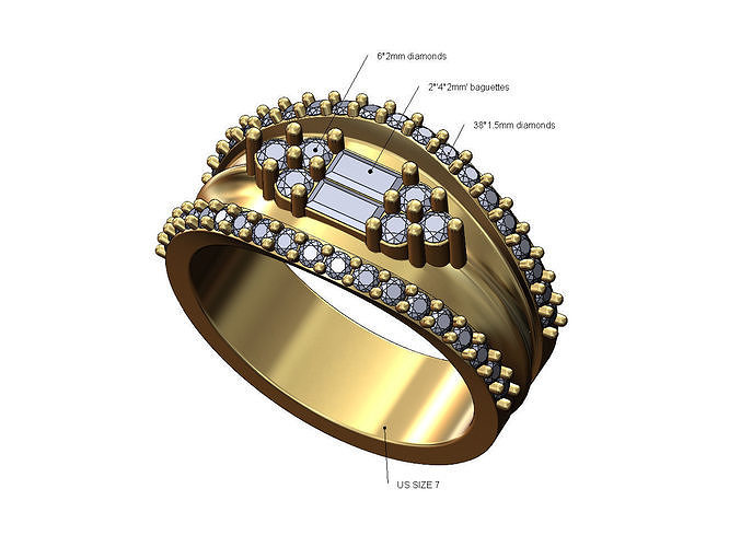 Diamond side lips and baguettes wedding ring US size 7 3D print model