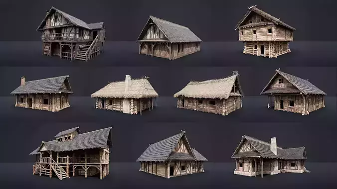 ENTERABLE MEDIEVAL SLAVIC HOUSE COTTAGE CABIN HUT VILLAGE PACK Low-poly 3D model