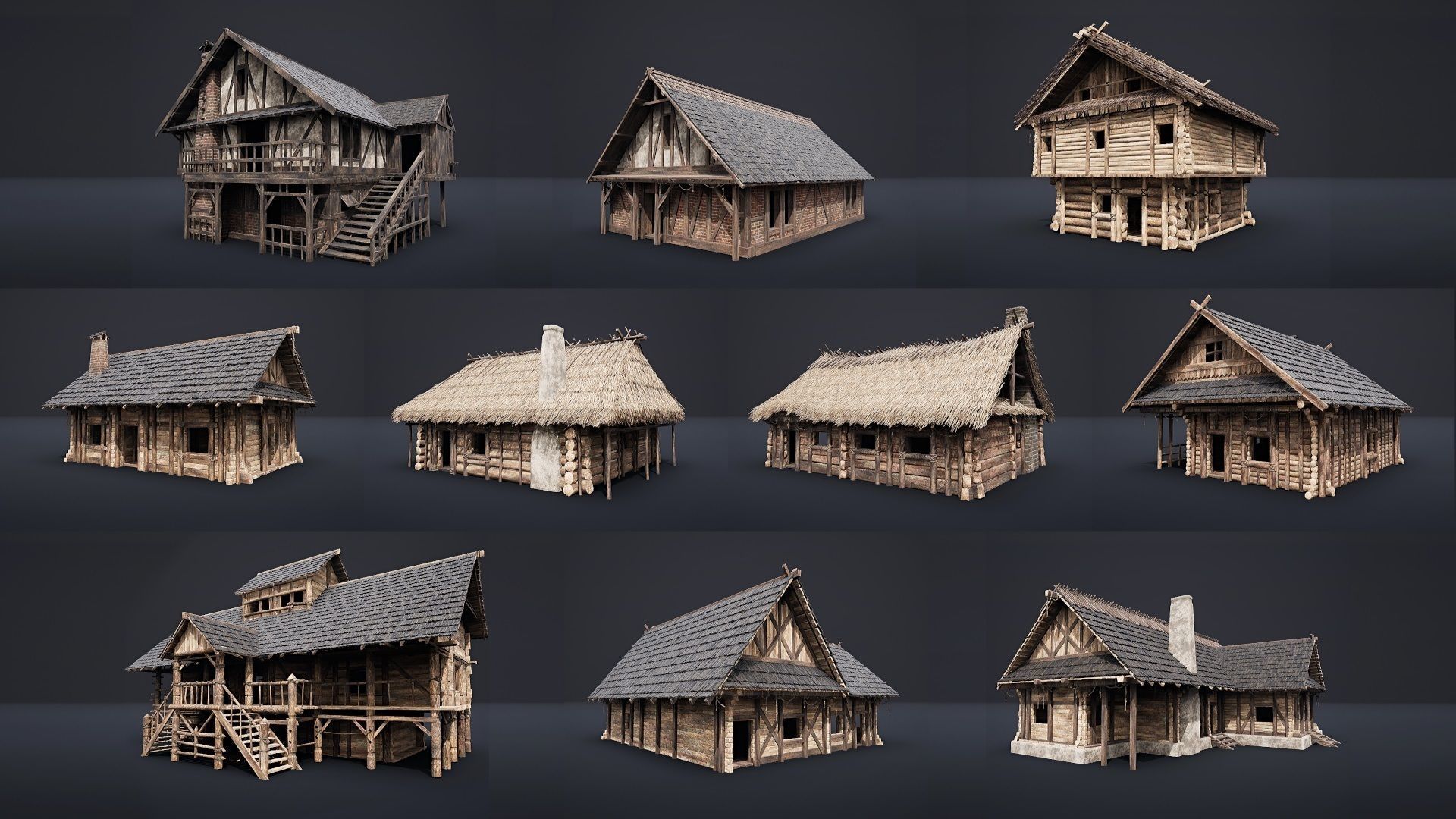 ENTERABLE MEDIEVAL SLAVIC HOUSE COTTAGE CABIN HUT VILLAGE PACK Low-poly 3D model_22