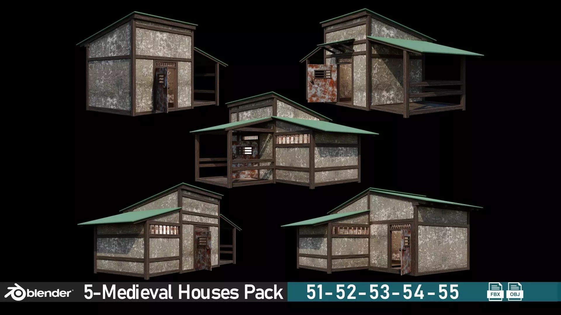 Medieval Houses Pack 51-52-53-54-55 - 4K Textures Game Ready Low-poly 3D model