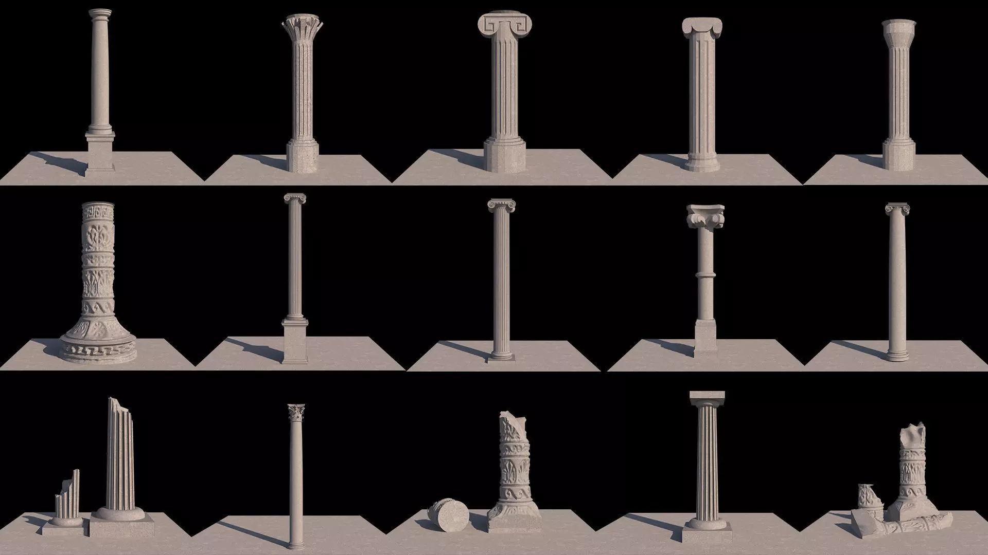 A collection of 17 ancient columns 3D model_0