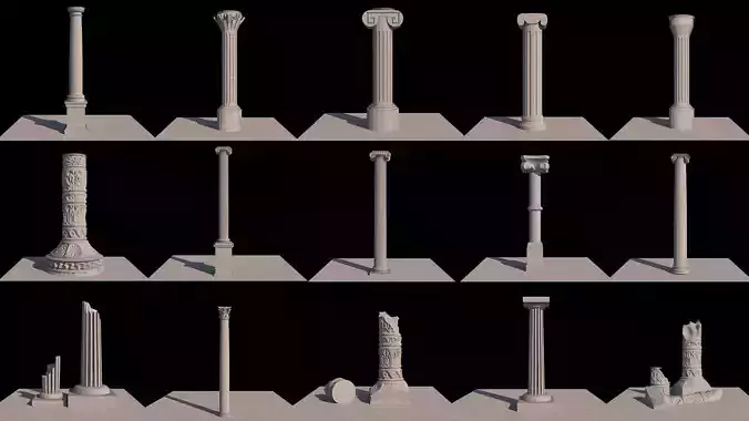 A collection of 17 ancient columns