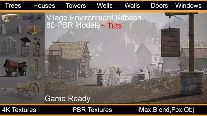 Vilage Environment Kitbash 80 PBR Models Plus Tutorials