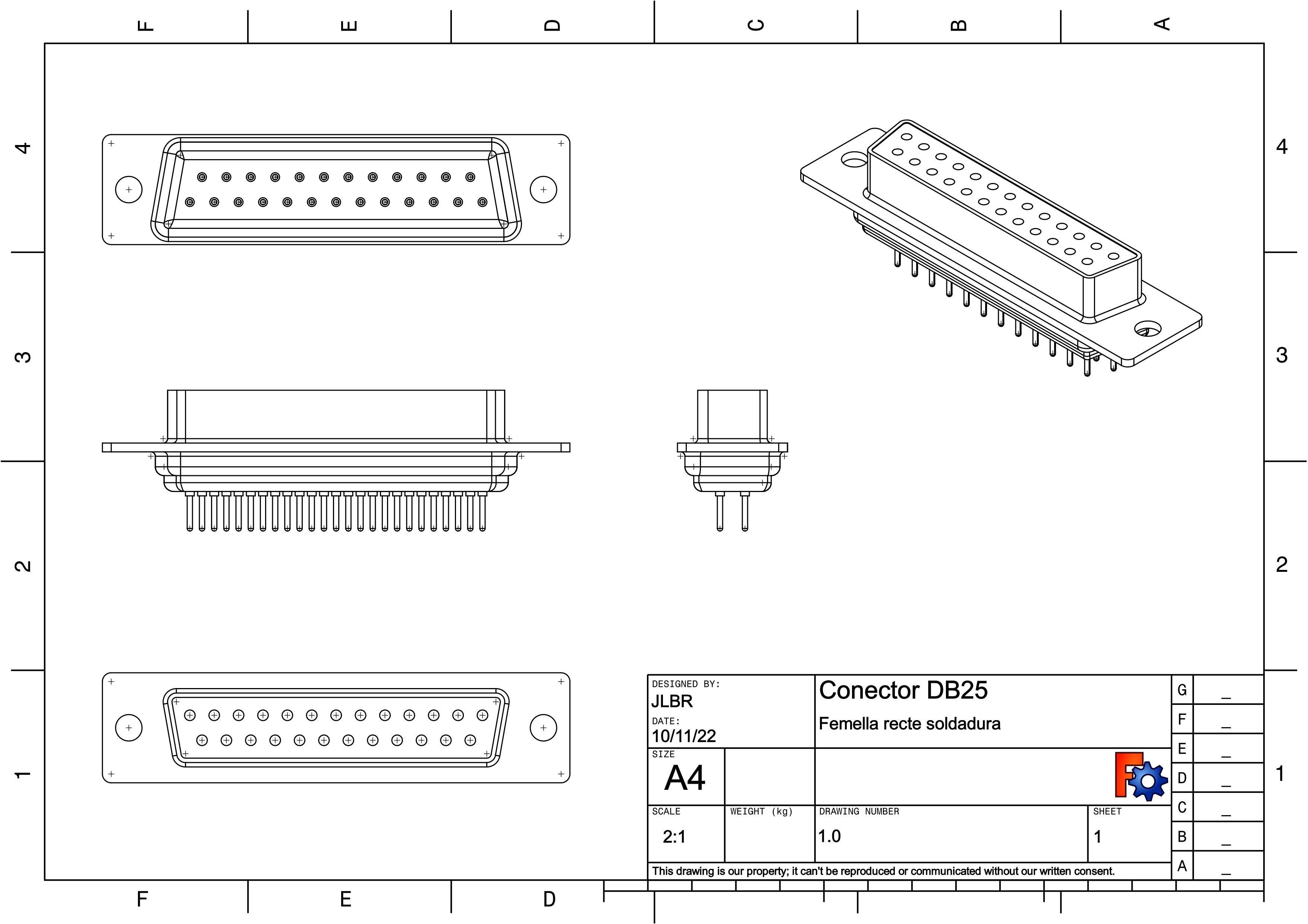DB25 female connector through hole 3D model_2
