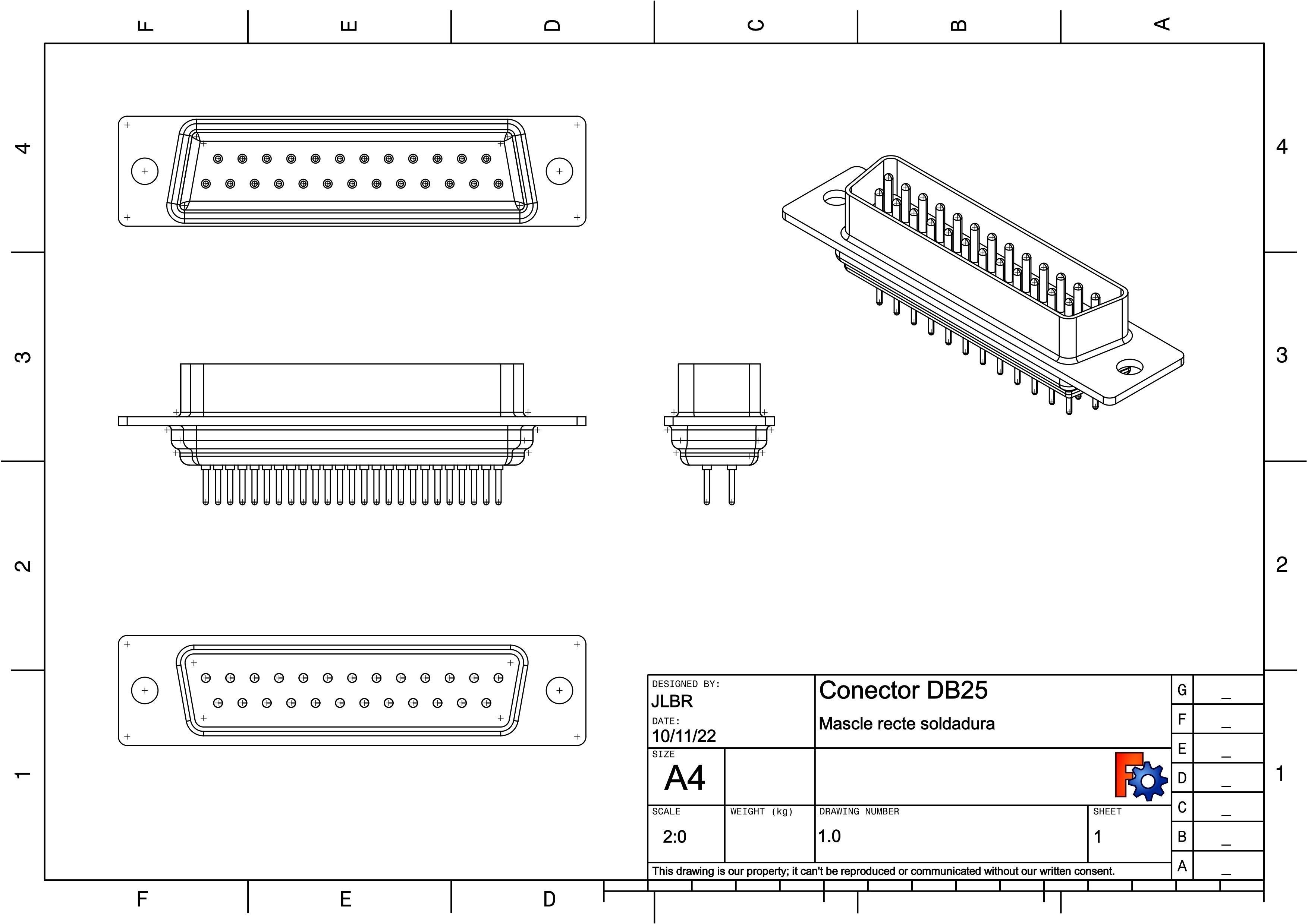DB25 male connector through hole 3D model_2