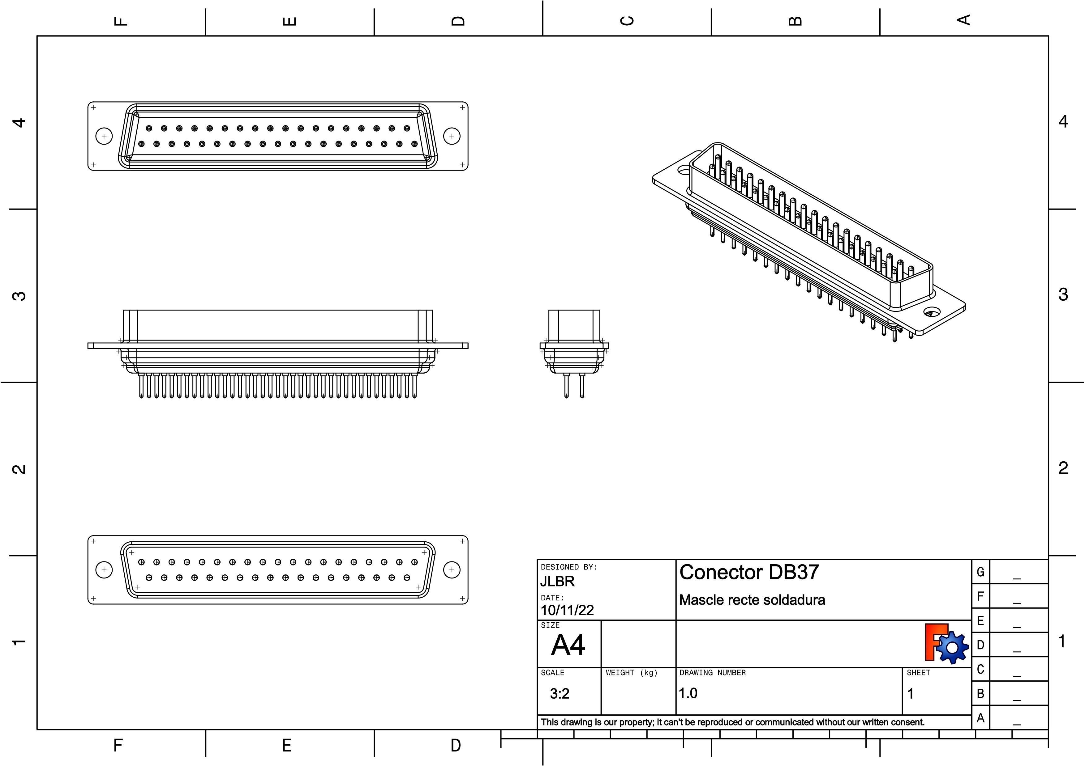 DB37 male connector through hole 3D model_2