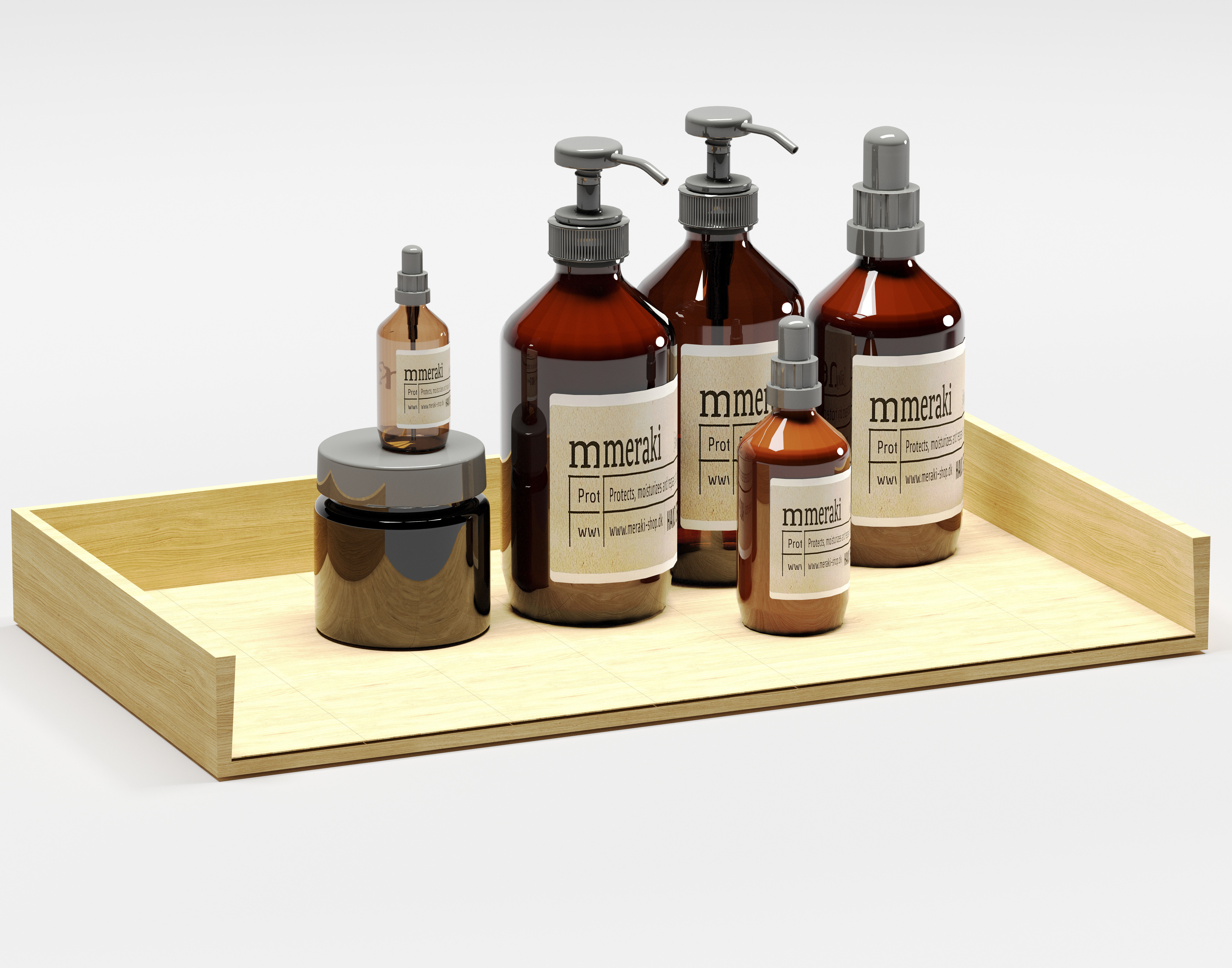 bottle set products on wooden tray 3D model_1